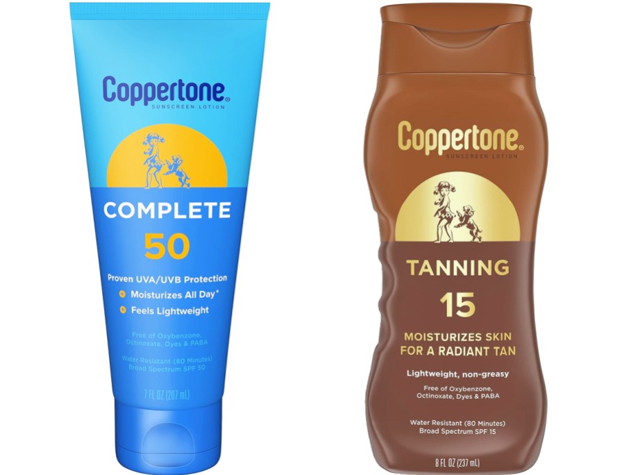 blue and brown bottles of Coppertone Sunscreens