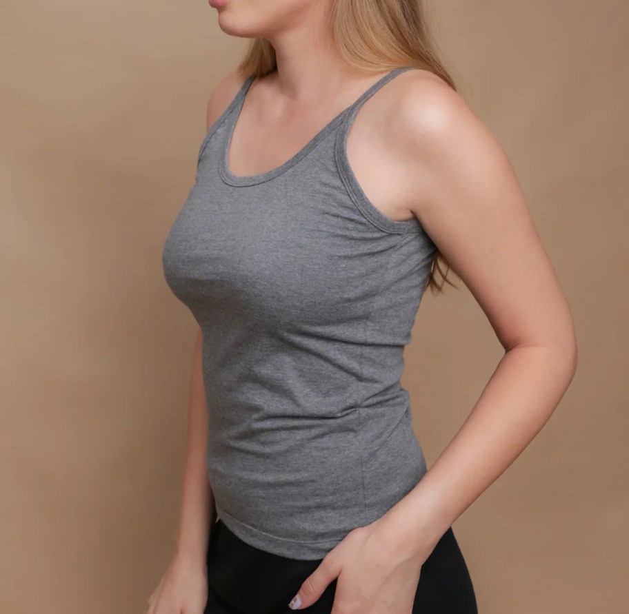 close up of women wearing gray camisole