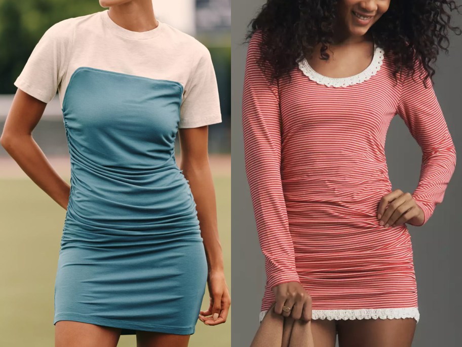Daily Practice by Anthropologie Color-block side pleated mini dress, long-sleeve lace-up mini dress