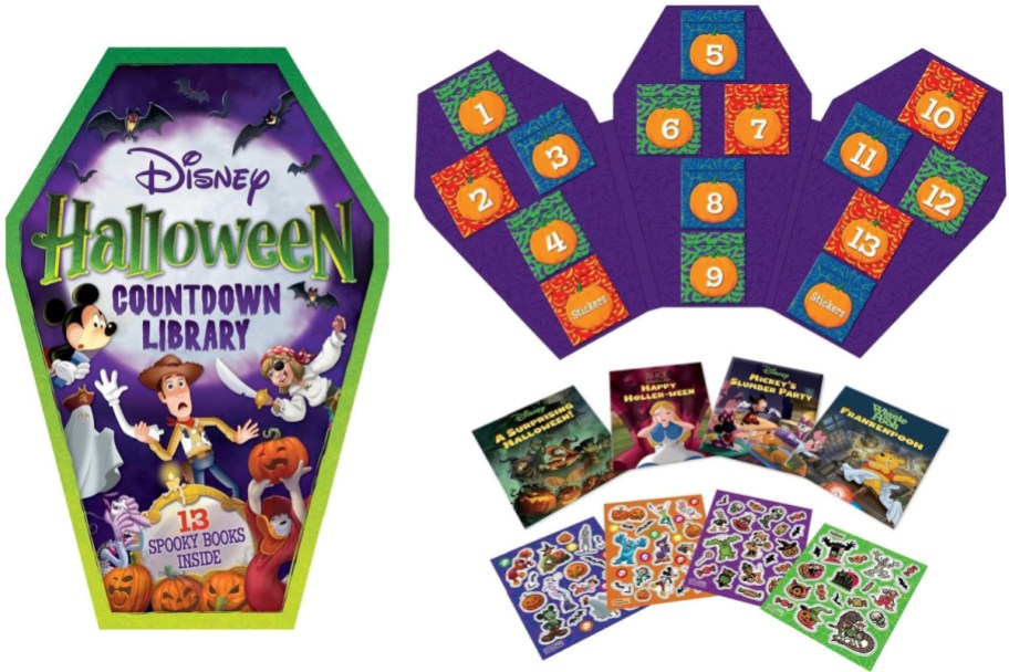 Disney Halloween Countdown Library box featuring 13 spooky books and glow-in-the-dark stickers, shown alongside its numbered countdown panels and book selection.