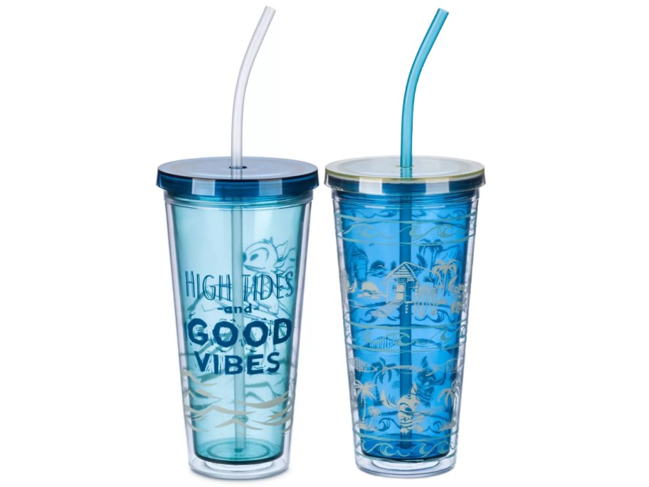 Two Disney Lilo & Stitch tumblers with straws.