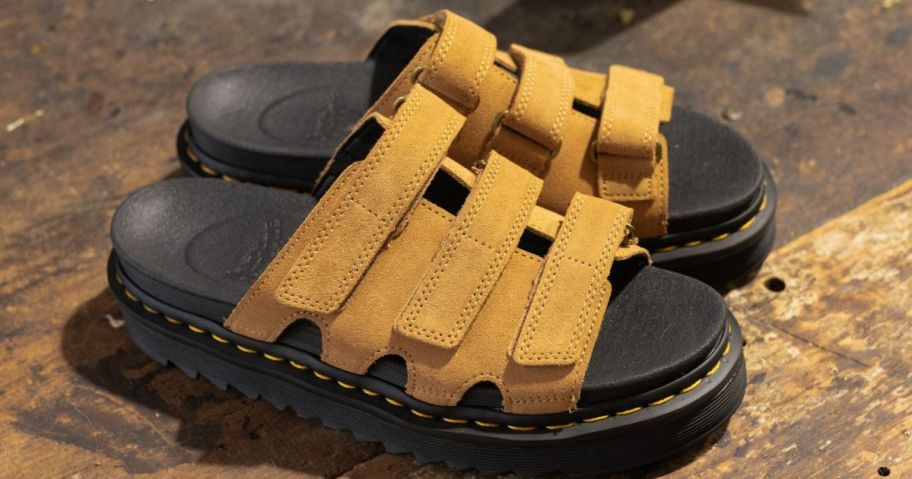 A pair of tan sandals