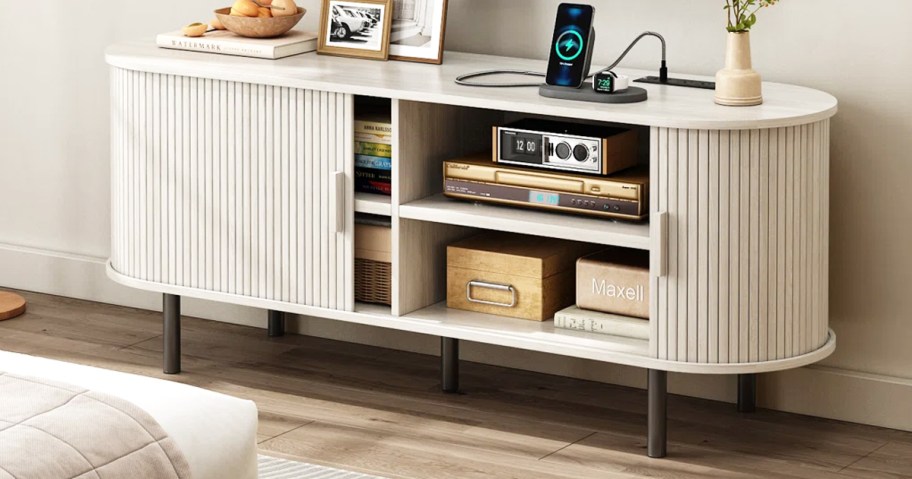 rounded white wood tv stand