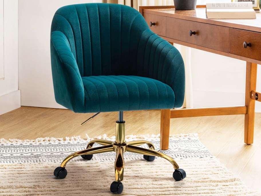 teal velvet task chair with gold feet