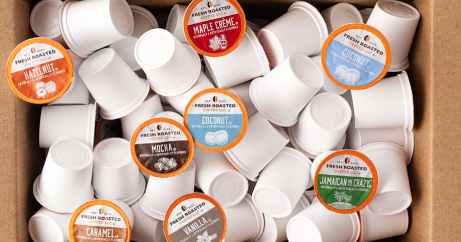 box full of coffee k-cups in various flavors