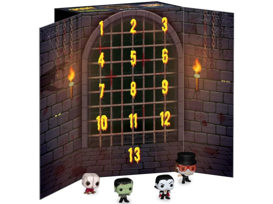 Funko Pocket POP! 13-day Halloween countdown calendar box designed like a dungeon cell with numbered doors, accompanied by four mini vinyl figures displayed at the bottom.