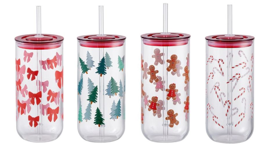 four Glass sippers with different patterns on them