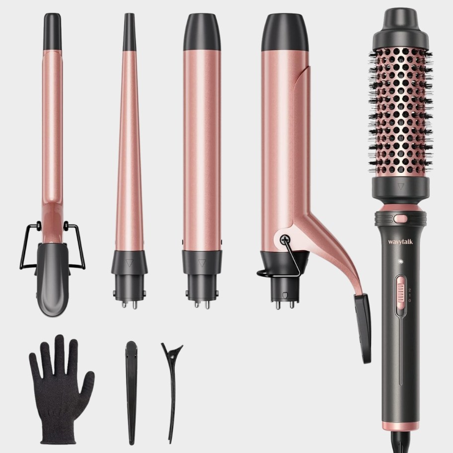 a curling iron set with different wand attachments and a brush attachment, a heat-resistant glove and hair clips