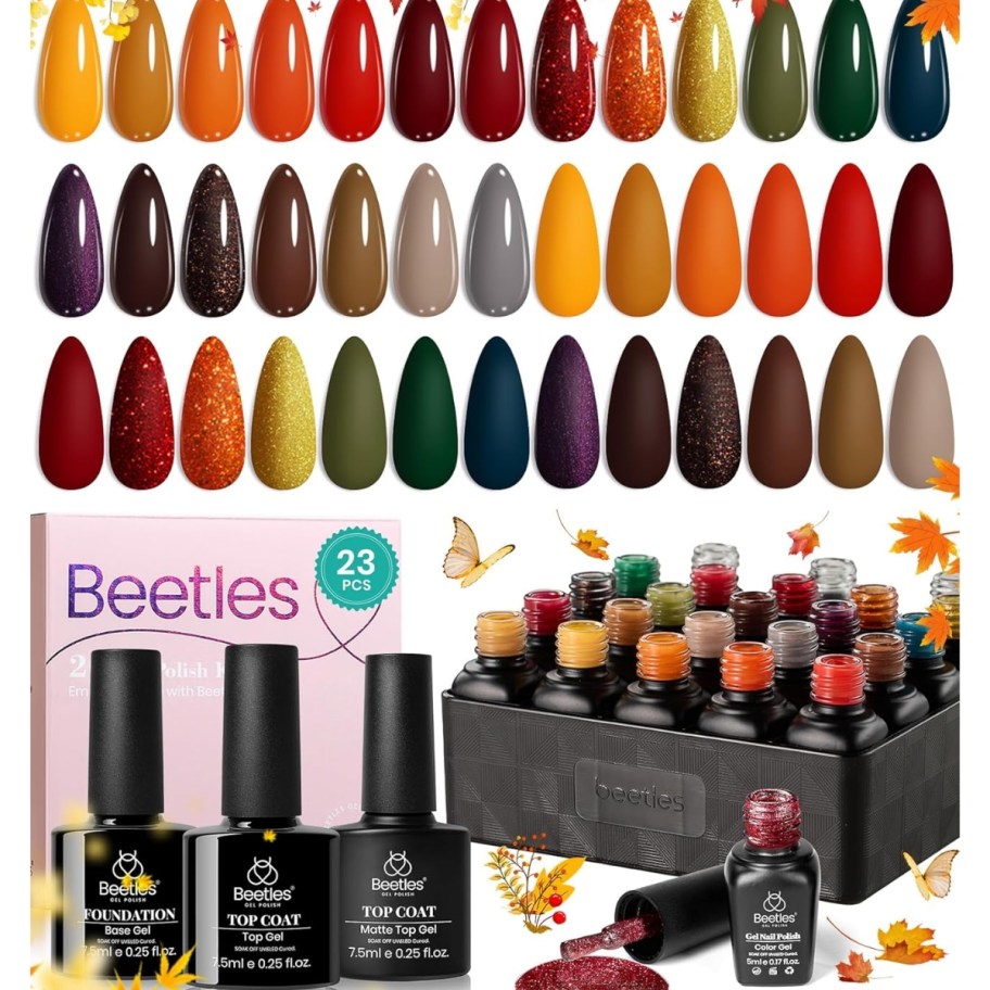 painted fake nails in fall colors with a box of nail polishes under it