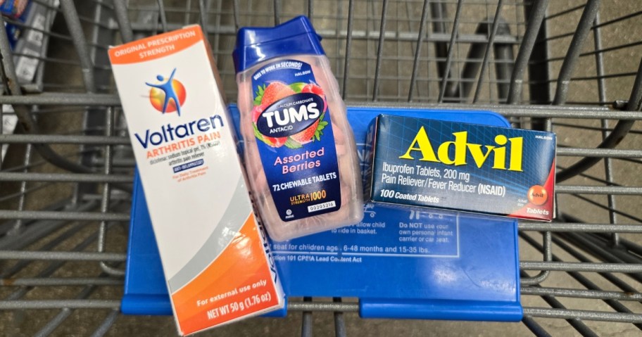 Voltaren, Tums, and Advil in a Walmart cart