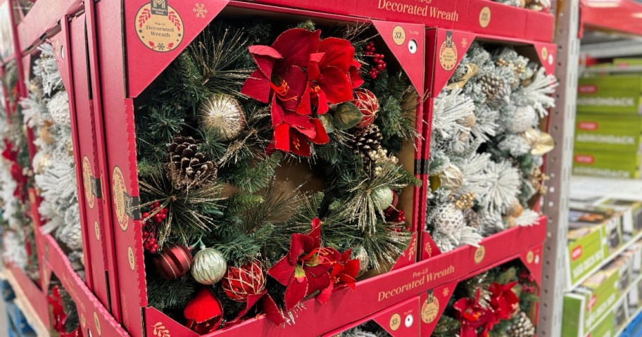 Christmas Wreaths in boxes in a store