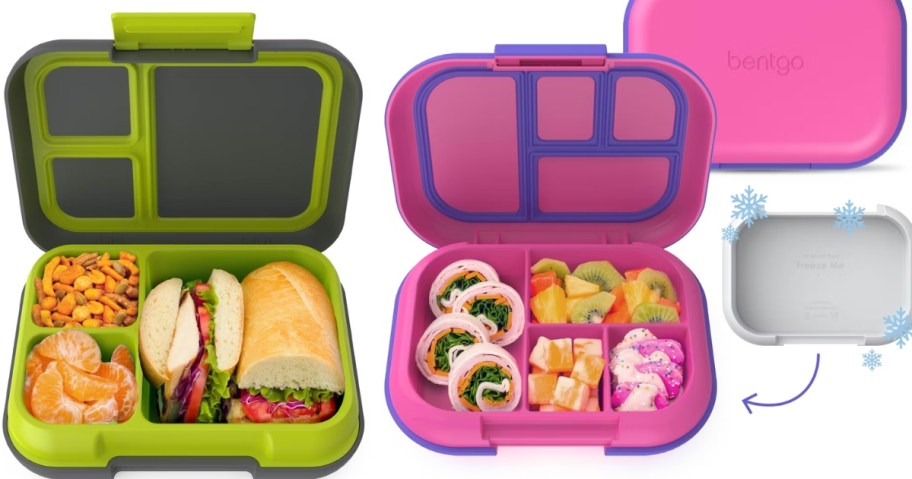 two open Bentgo lunch boxes, one shows the chill cool part and a closed lunchbox