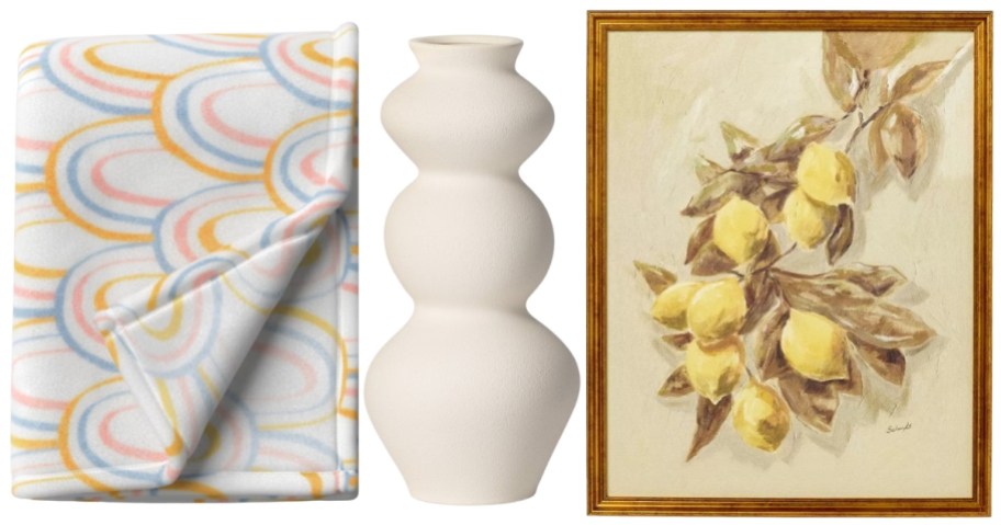 a throw blanket, a vase, a wall decor with lemons on it