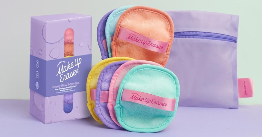 a MakeUp Eraser 7 day set with pastel color cloths, a laundry bag, and the box it comes in