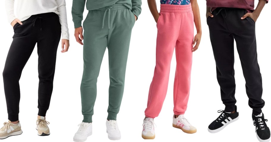 lower half of adults and kids wearing different color joggers