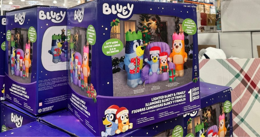 boxes with a Bluey Family Christmas Inflatable in a store
