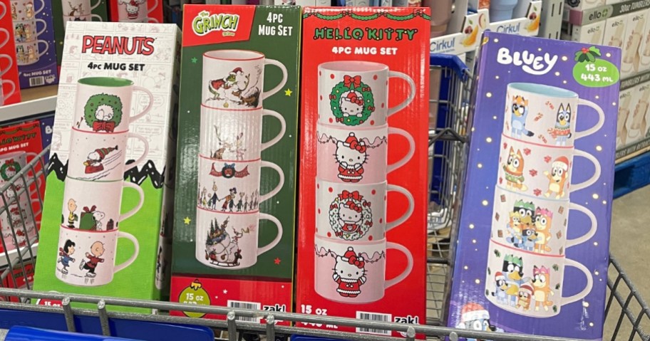 boxes with stacking holiday mugs in a Sam's Club cart