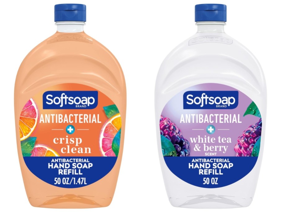 two bottles of Softsoap hand soap refills