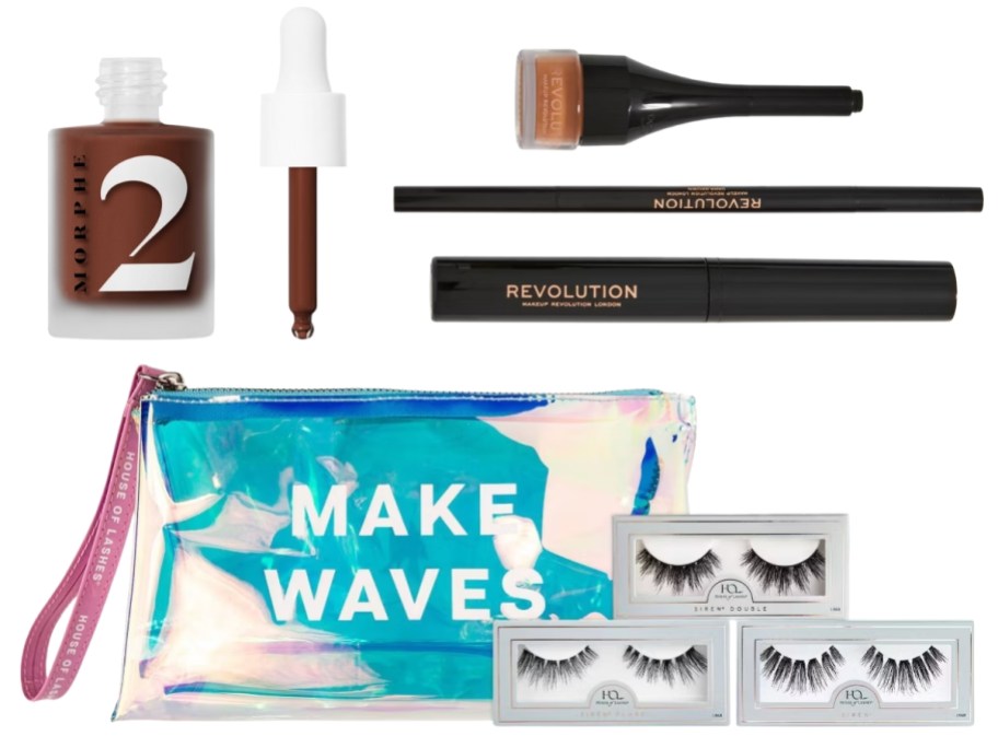 Morphe foundation, a Revlotion Brow kit, an eyelash kit and cosmetic bag