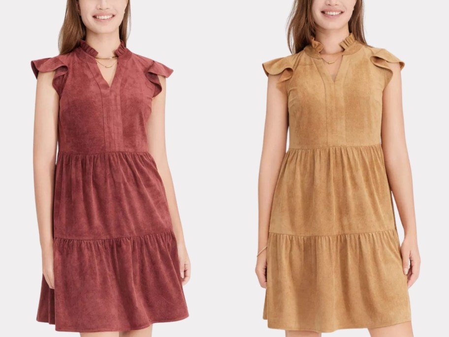 two women wearing ruffled sleeveless faux suede mini dresses in different colors