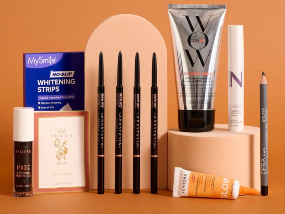 various beauty and hair care products on display