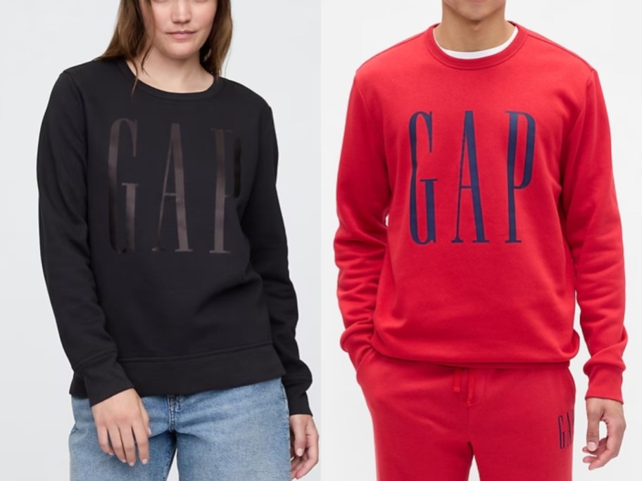 a woman and a man in GAP logo sweatshirts