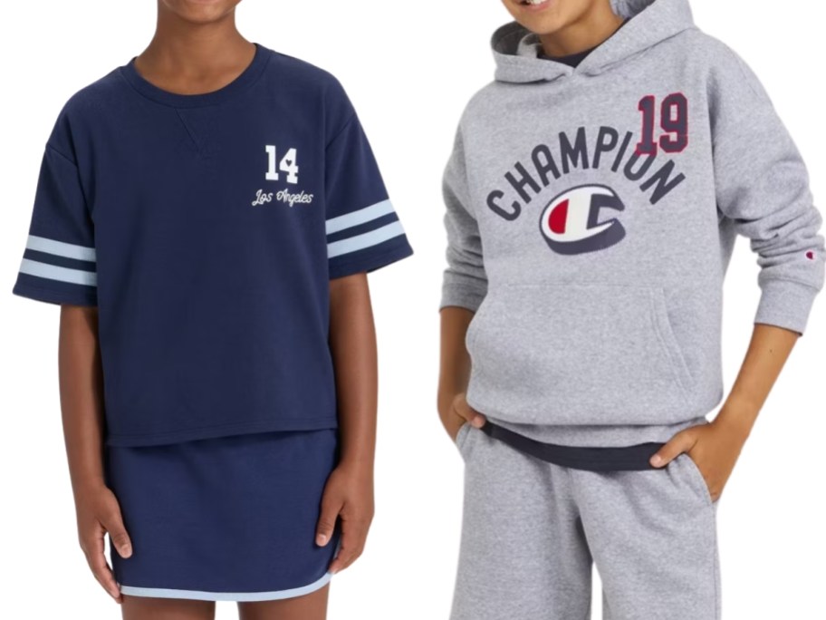 a girl wearing a tshirt and skirt and a boy wearing a Champion hoodie and shorts