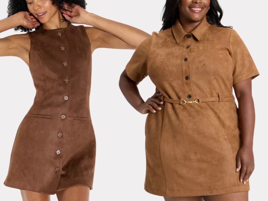 woman wearing a brown button up sleeveless suede mini dress and woman wearing a tan button down suede dress
