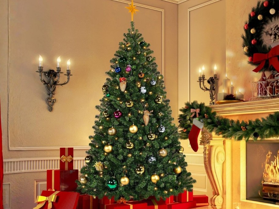 a large prelit Christmas tree with decorations on it and presents under it by a fireplace