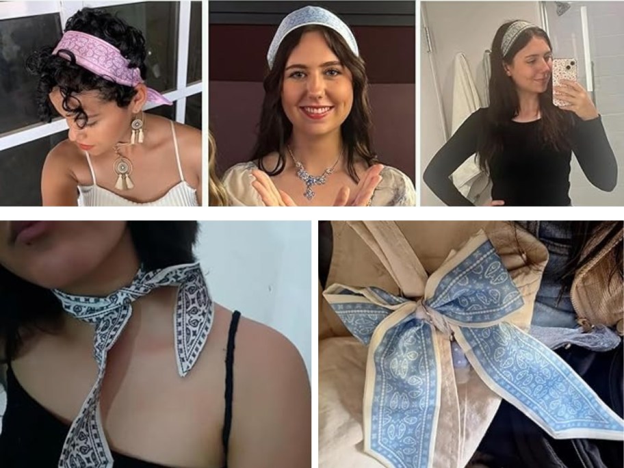 collage image of women wearing hair scarves as headbands, neck scarf and on a tote bag