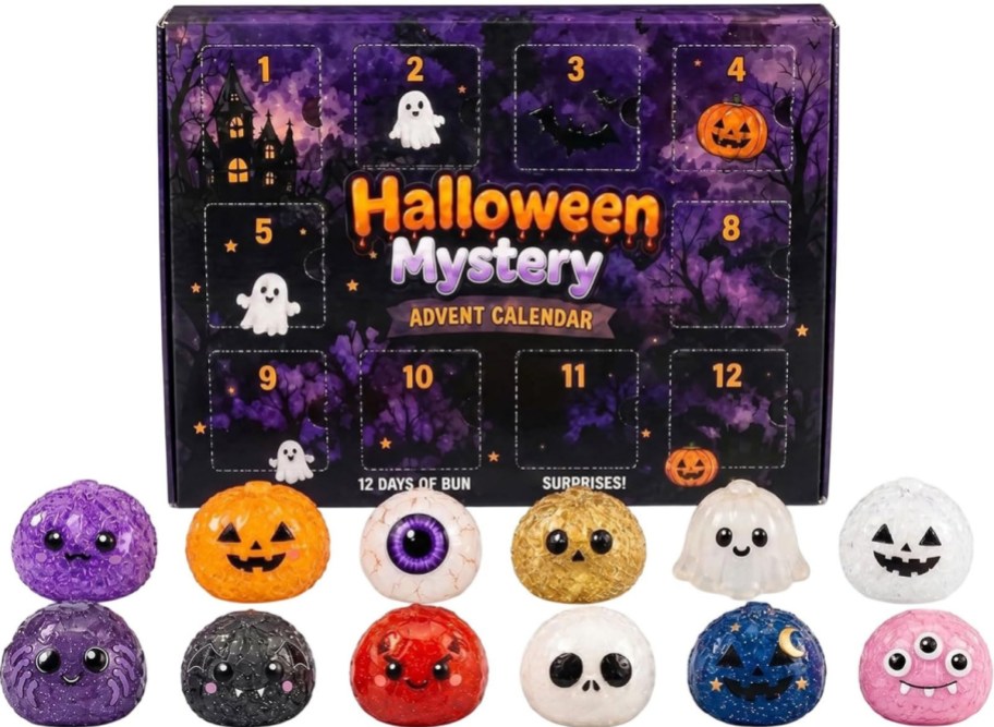 Halloween Mystery Advent Calendar box with twelve numbered doors, displayed alongside a collection of twelve squishy toys shaped like pumpkins, ghosts, and other spooky figures.