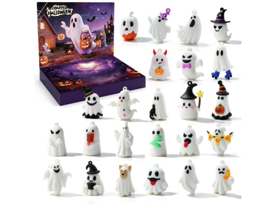 Halloween advent calendar box with a spooky haunted house design and twenty-four collectible ghost figurines displayed around it.