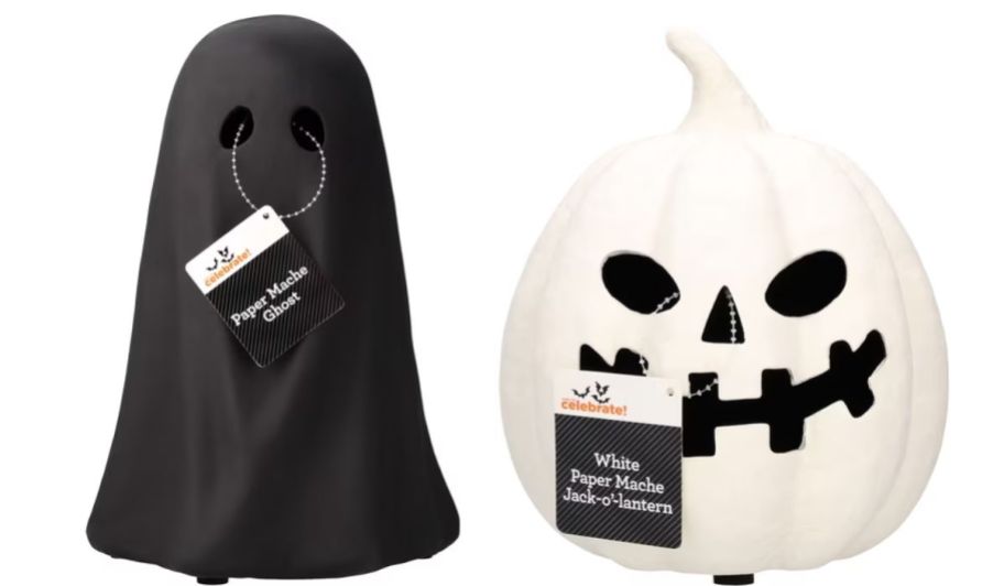 black paper mache ghost and white jack 0 lantern