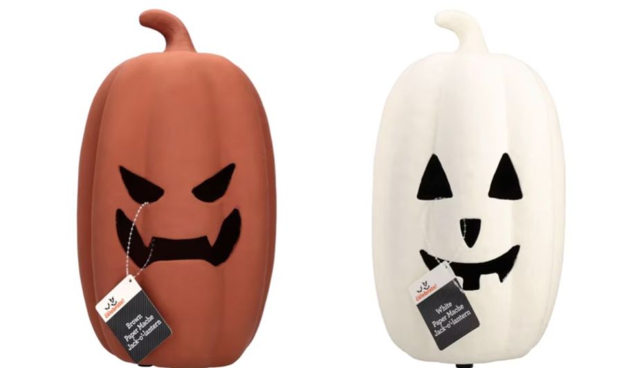 white and brown Hallowen paper mache jack 0 lantern
