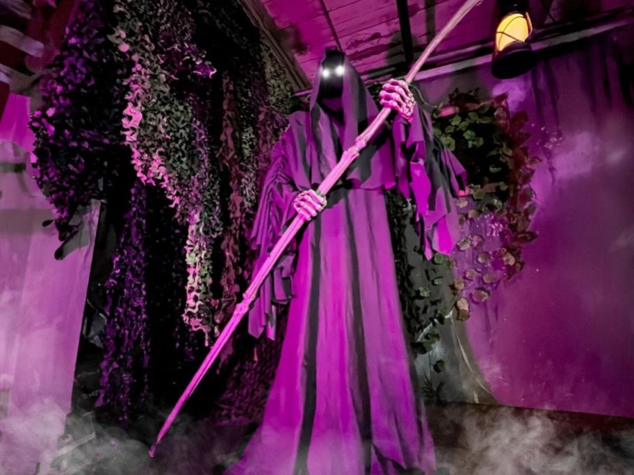 a large grim reaper in purple