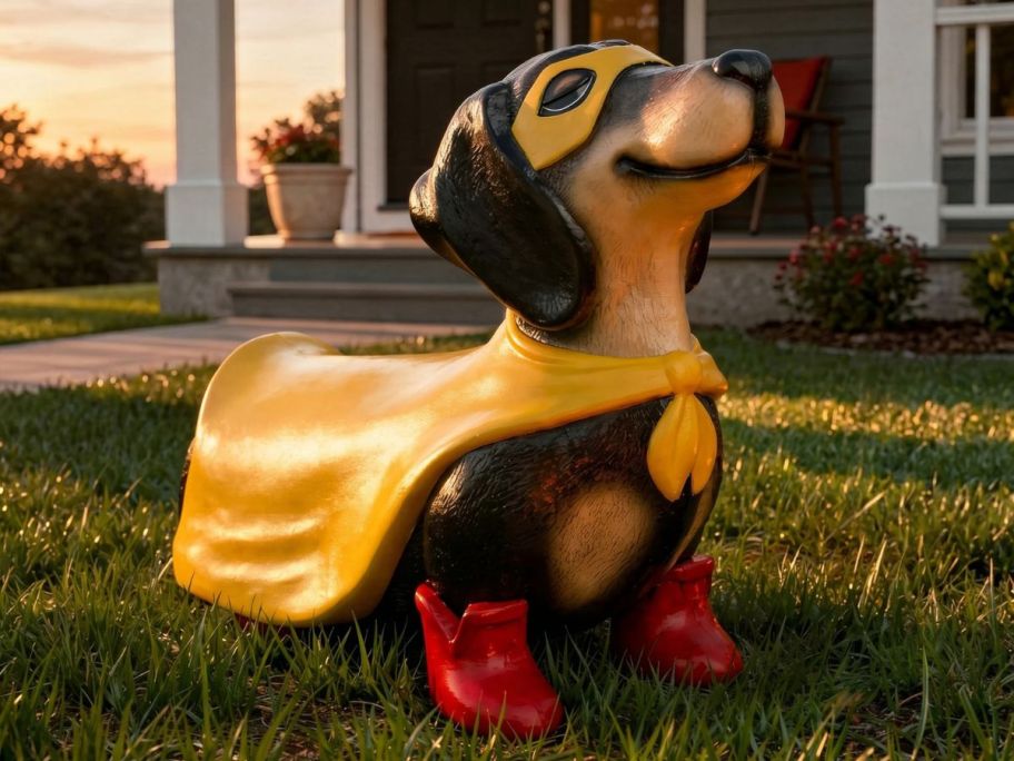 Haunted Living 1' Lighted Super Dachshund Blow Mold in front yard
