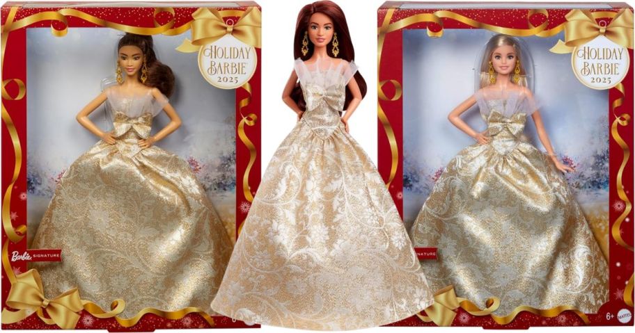 3 glamorous Barbie dolls in golden dresses and 2 in red and gold boxes
