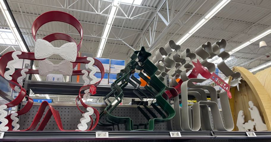 Cookie Cutter Decor gingerbread and trees displayed at Walmart