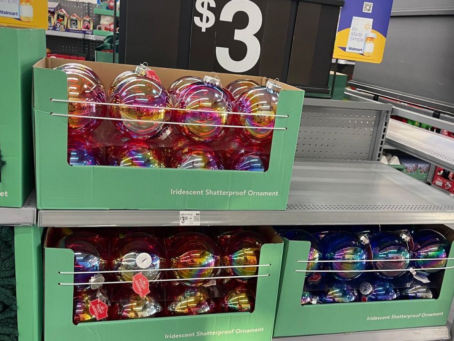 Holiday Time Iridescent Jumbo Shatterproof Christmas Ornament inside of their box