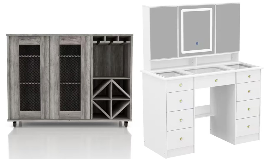 grey buffet cabinet and white makeup vanity