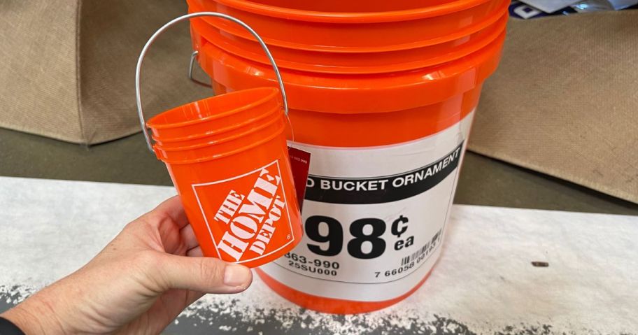 Orange Home Depot Mini Bucket next to a larger bucket