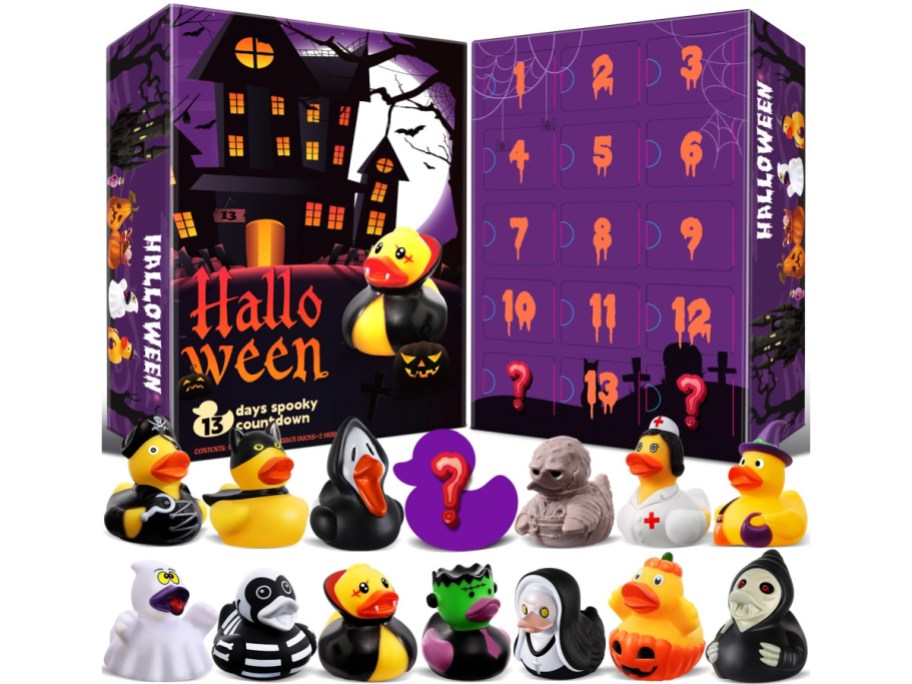 Horror Ducks 13-day Halloween countdown calendar box featuring numbered doors and a collection of spooky rubber ducks dressed in costumes displayed in front.