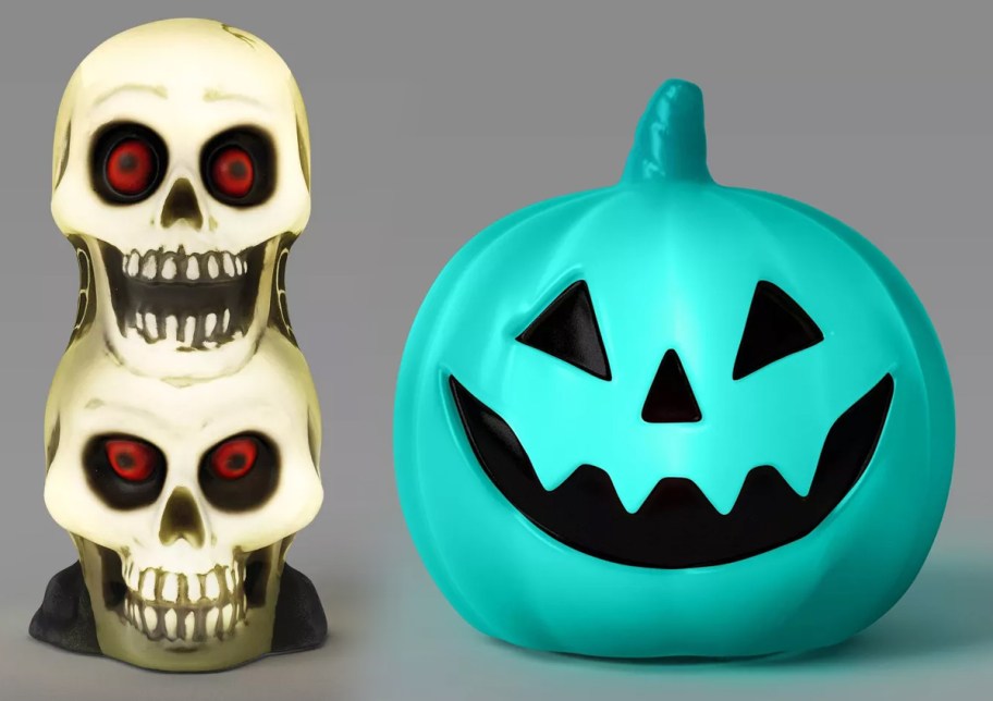 Hyde and EEK! Boutique 12in Stacked Skulls and 8in Lit Pumpkin Blow Mold Halloween Decorative Props