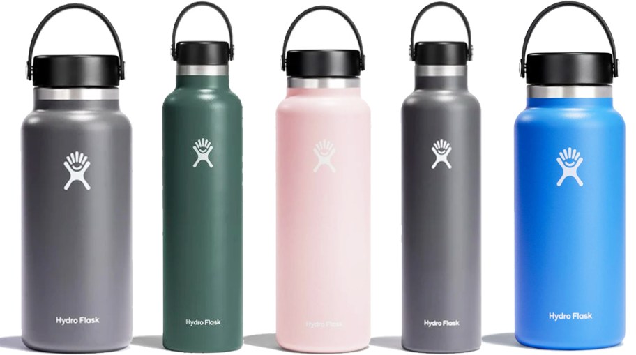 5 Hydro Flask bottles in various colors