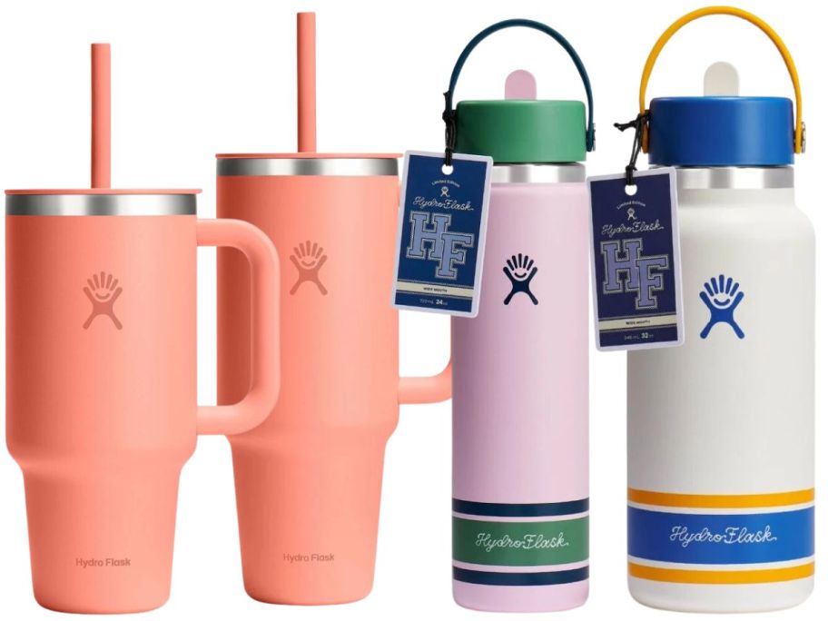 4 Hydro Flask products in pink and white