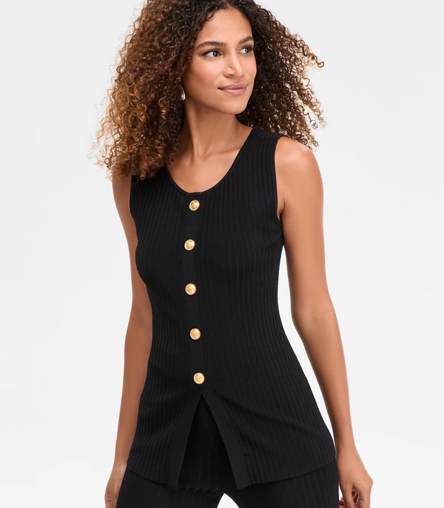 woman modeling black button down sweater