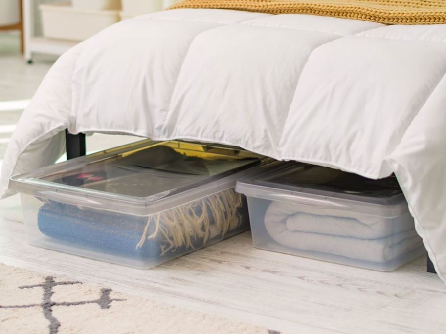 IRIS USA 28-Quart Underbed Snap Lid Clear Plastic Storage Containers underneath bed