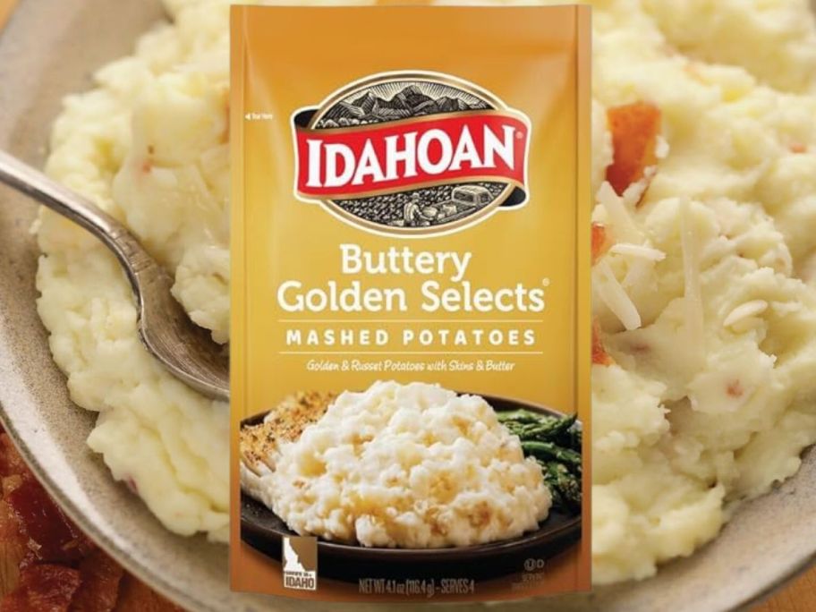 Idahoan Mashed Potato package in front of a bowl of mashed potatoes