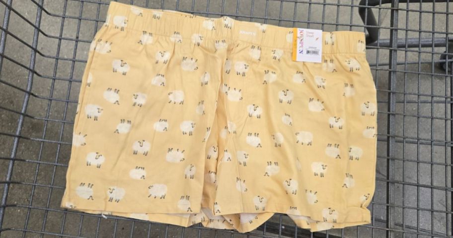 Yellow Joyspun boxer shorts with sheep on them