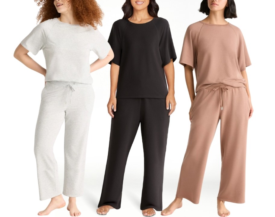 3 womens wearing french terry capri sets